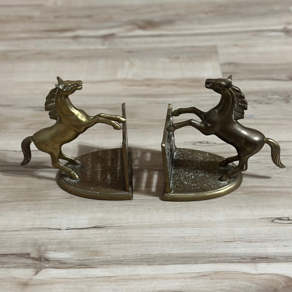 Vintage Brass Prancing Horse and Fence Bookends 6in